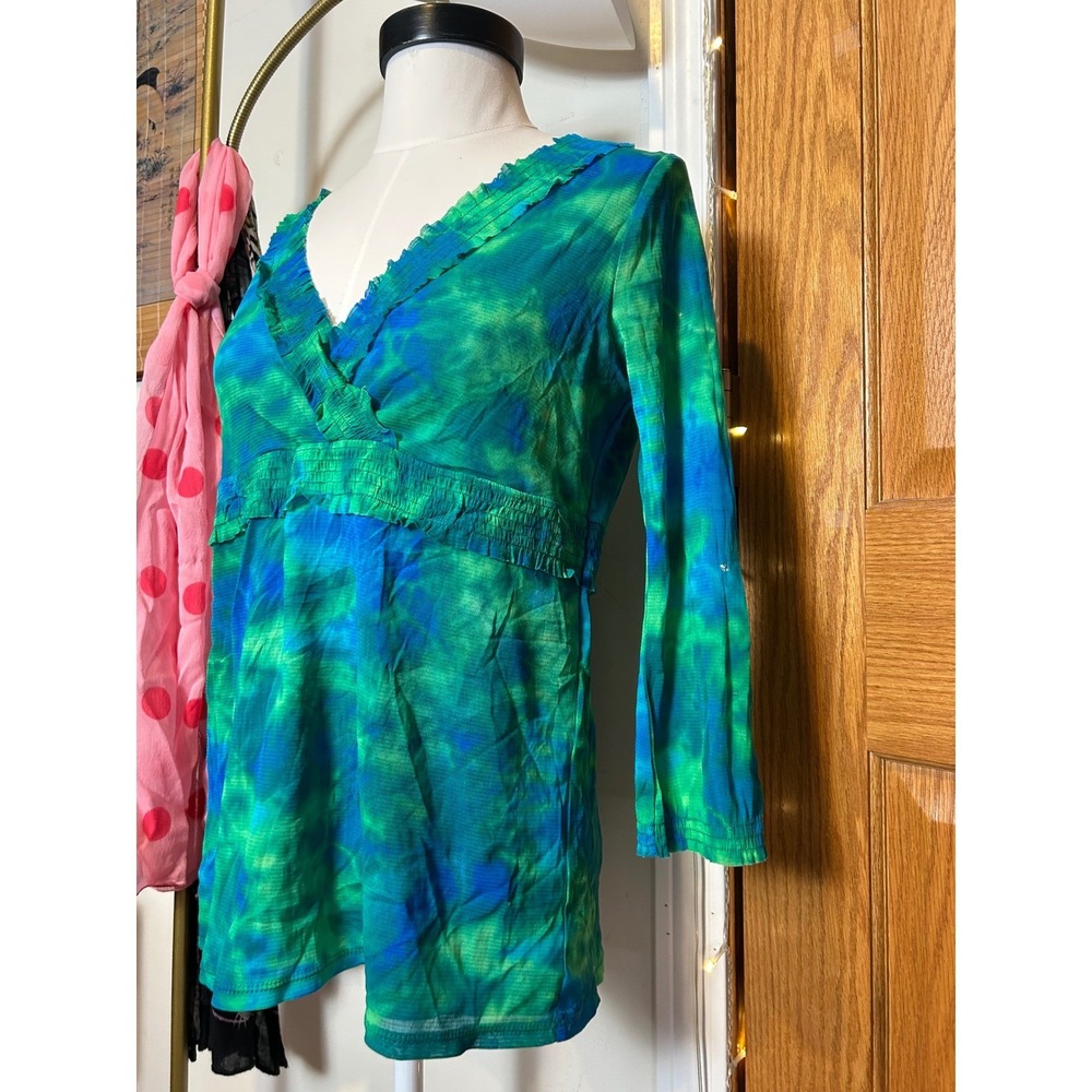 Y2K Liz Claiborne Tie Dye V Neck Ruffled Babydoll Top Blue Green Size S - Picture 2 of 7
